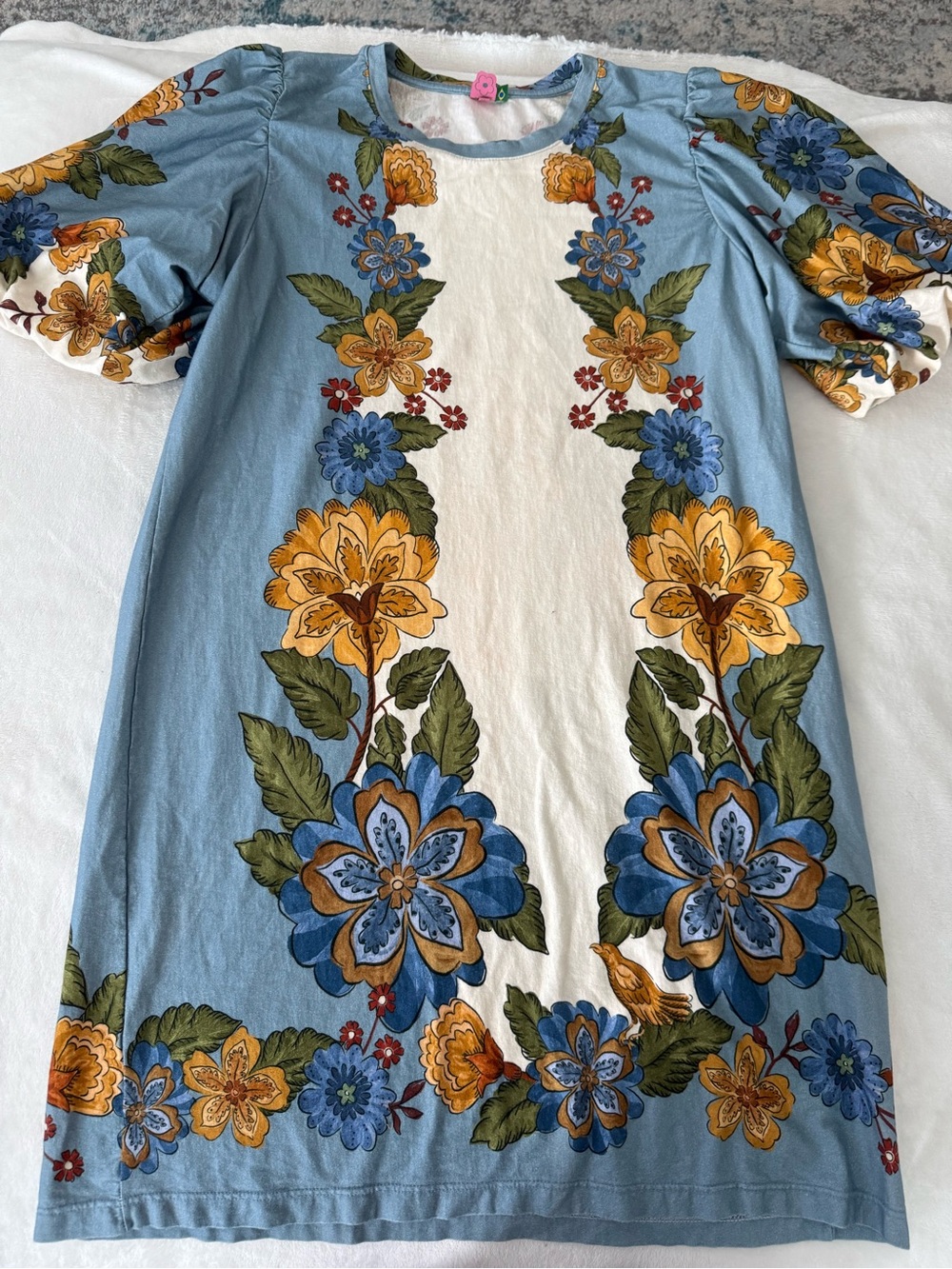 Farm Rio Blue T-shirt mini dress with short puff sleeves Size Large D82